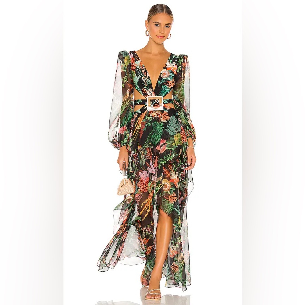 PatBO Oasis Cutout Ruffled Printed Chiffon And Stretch-jersey Maxi Dress SIZE SM